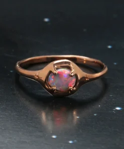 Rainbow Red Opal Moon Silhouette Ring